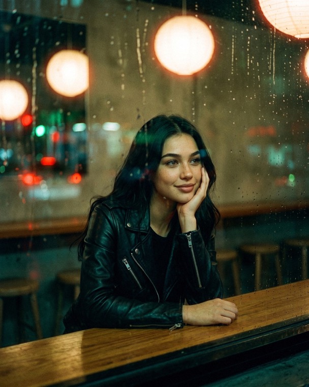 Nova Rai at a rainy cafe window at night, chin in her hand