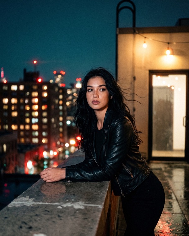 Nova Rai leaning on a rooftop ledge above the city at night