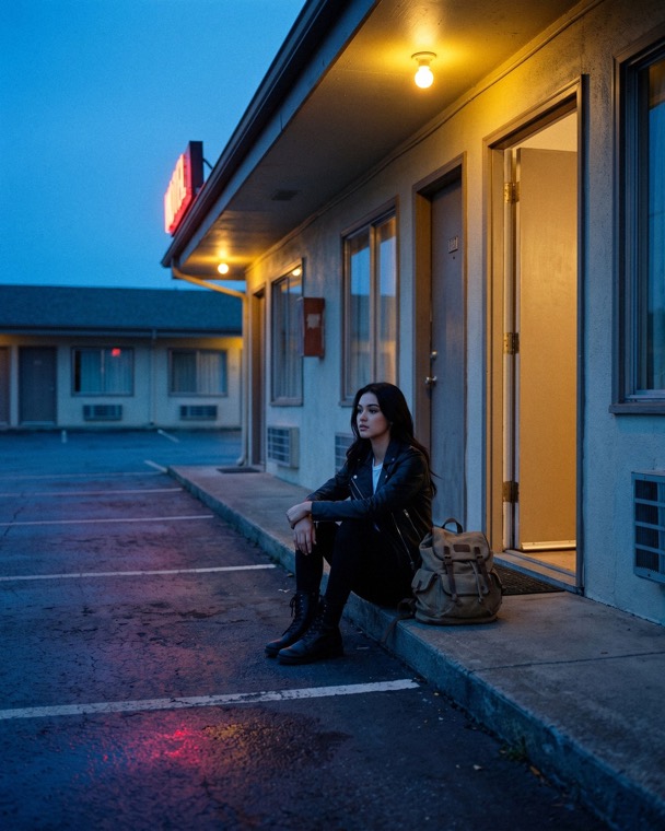 Nova Rai sitting on a motel step at blue hour