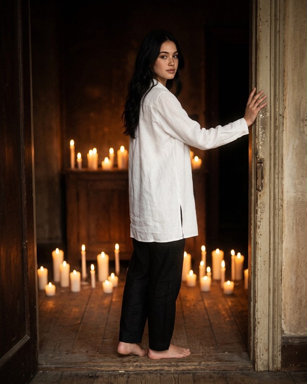 Nova Rai standing in a doorway, candles on the floor around her