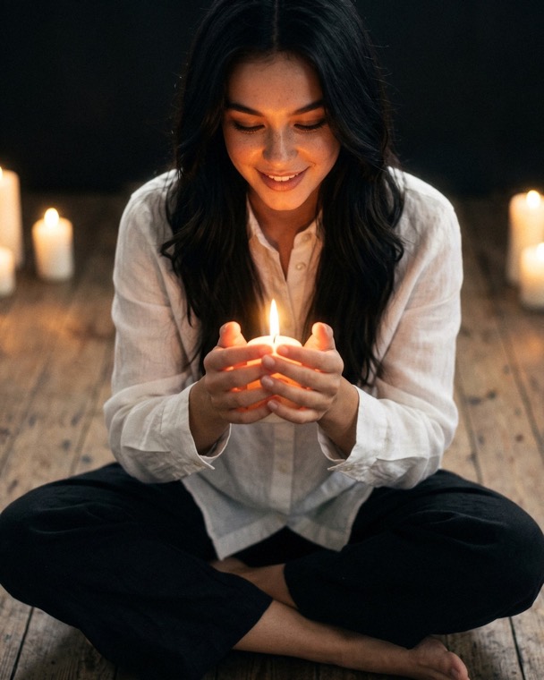 Nova Rai sitting on a wooden floor, holding a small flame in her hands